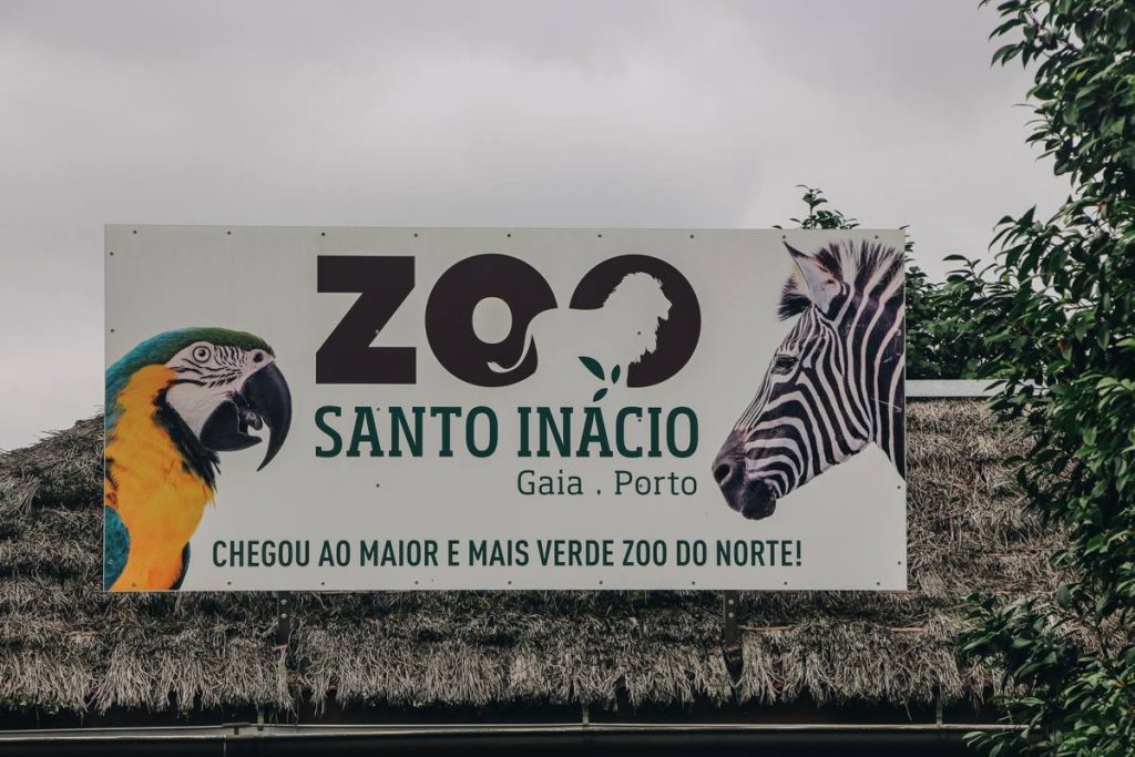 Sign for Zoo Santo Inácio in Gaia, Porto featuring images of a parrot and a zebra. Text reads, "CHEGOU AO MAIOR E MAIS VERDE ZOO DO NORTE!" (Translation: "Welcome to the largest and greenest zoo in the North!").
