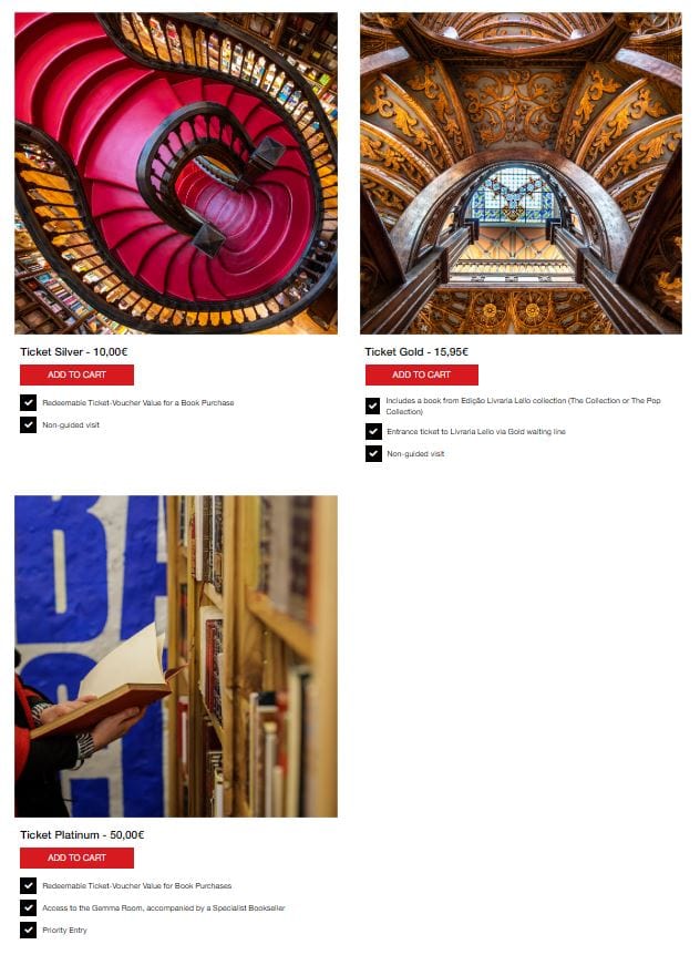 Collage of ticket options: Silver with red spiral staircase, Gold with ornate ceiling, Platinum with bookshelf. Prices range from 10€ to 50€. Each includes specific perks and non-guided tours.