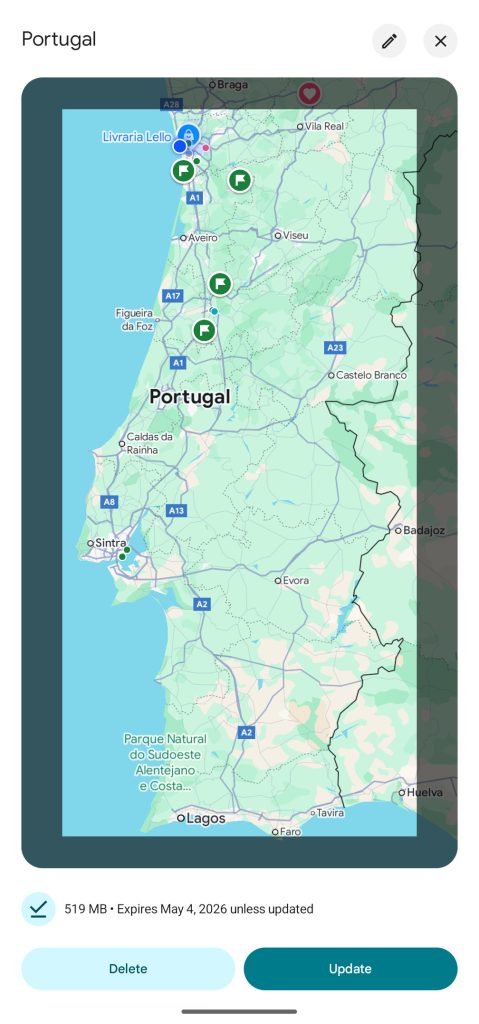 An offline Google map of Portugal with several marked locations and a blue dot near the northwest coast, displayed on a mobile device screen.