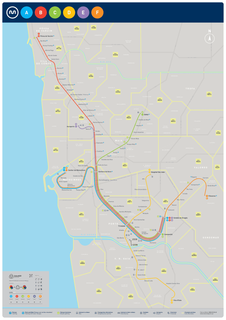 Map of Lagos Metro lines A, B, C, D, E, and F with colored routes, station names, and city streets labeled. North is oriented up.