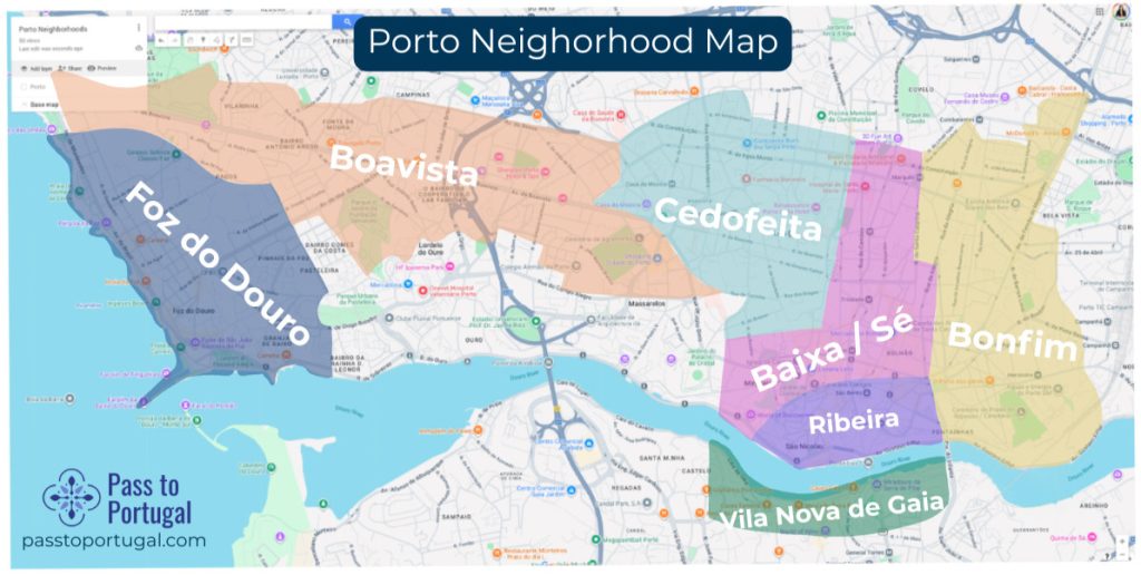 Map showing Porto neighborhoods including Foz do Douro, Boavista, Cedofeita, Bonfim, Baixa | Sé, Ribeira, and Vila Nova de Gaia, each highlighted in different colors.