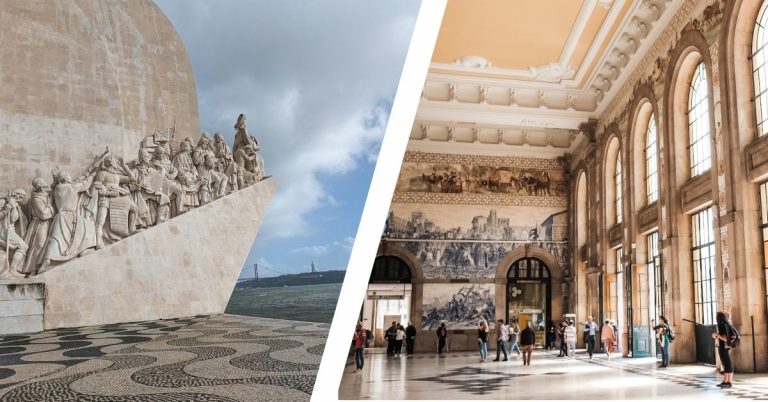 Split image showing the Padrão dos Descobrimentos monument in Lisbon on the left, and the interior of the São Bento railway station in Porto on the right.